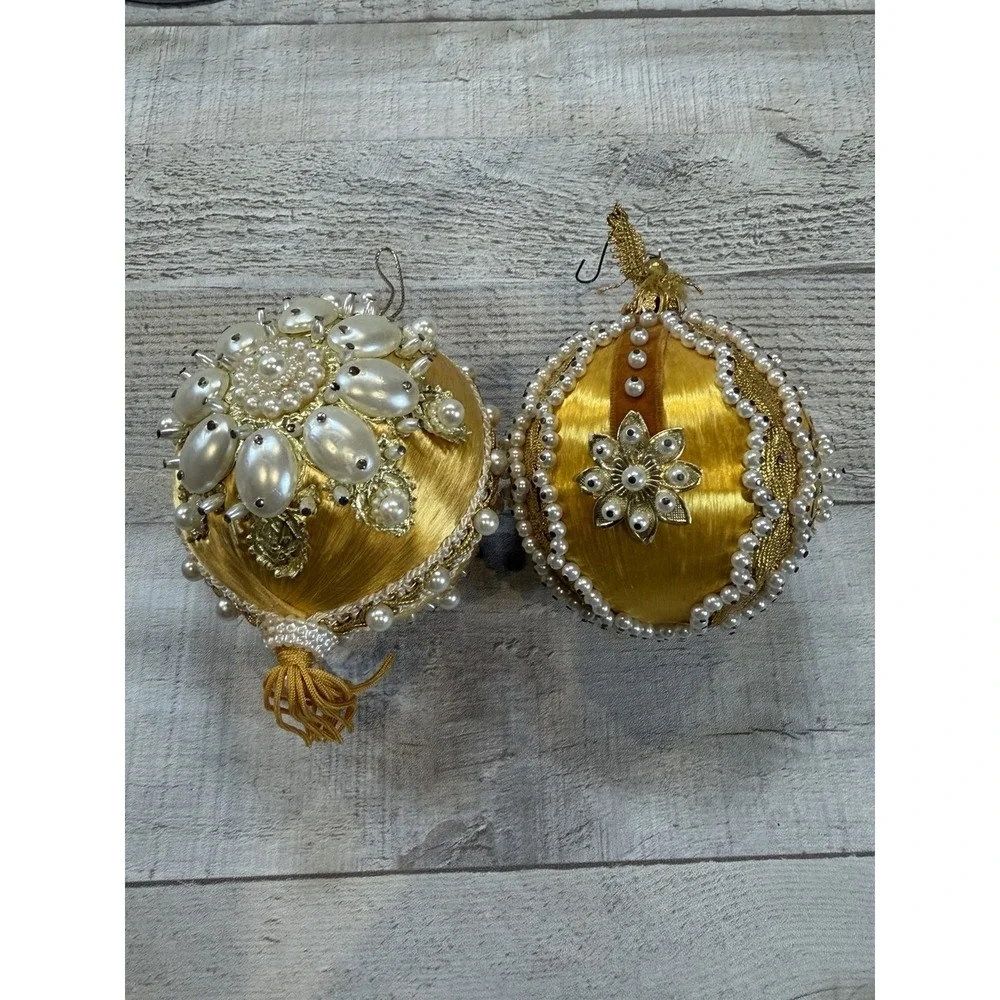 Set 2 Vintage Gold Satin Christmas Ornaments Faux Pearl Beaded Tassel Victorian